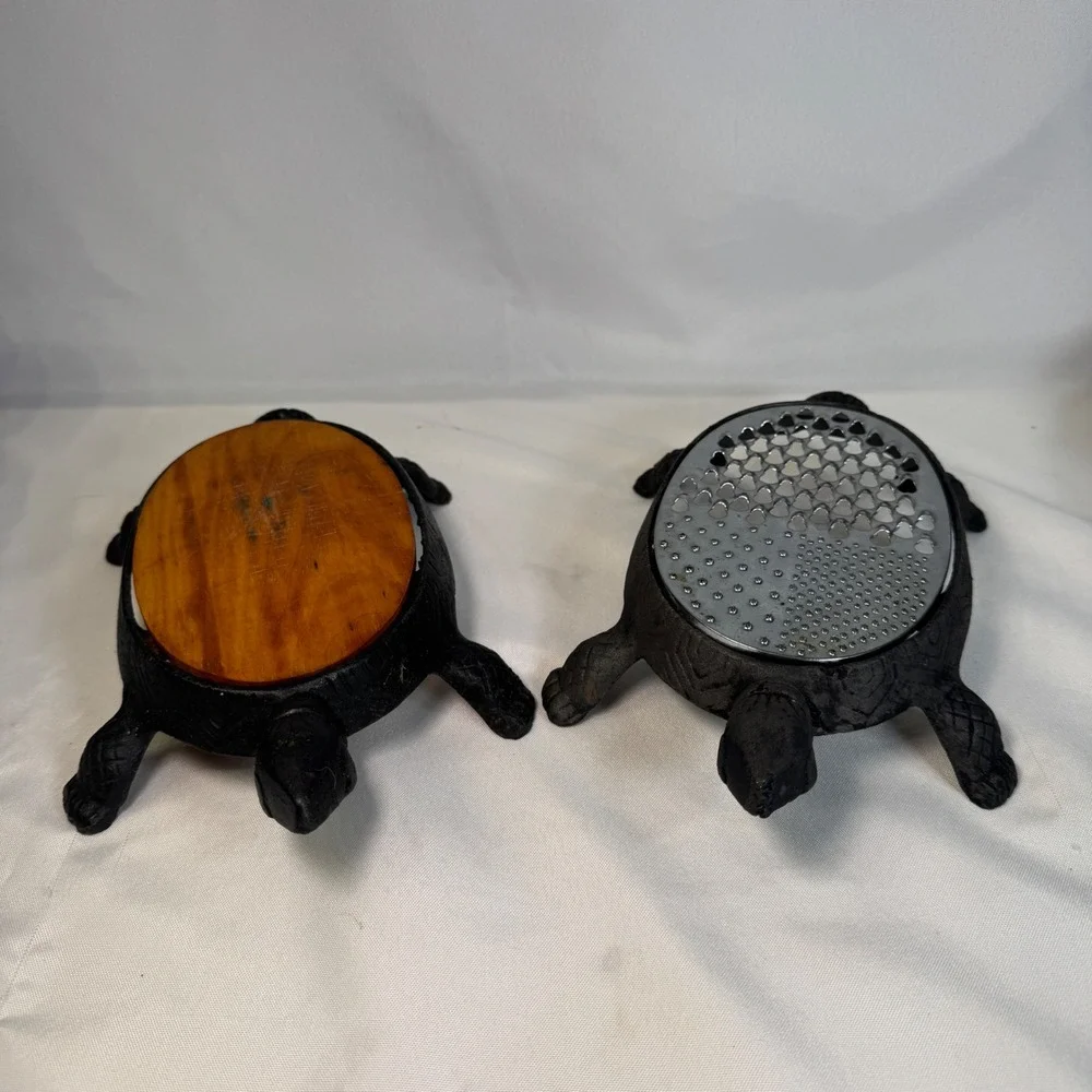 Vintage Cast Iron Turtle Cheese Grater and Wood Trivet Set Black Rustic Decor